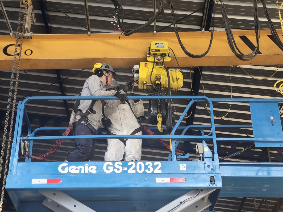 Técnicos con arnés inspeccionando el polipasto de una grúa puente desde una plataforma